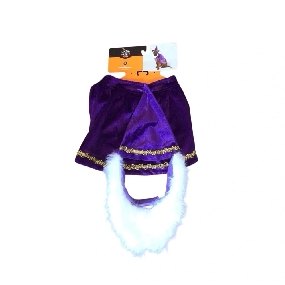 2pc Dog Wizard Costume Purple Velvet Hat Beard Size M Halloween